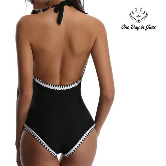 Vintage Deep V Neck Halter Backless Monokini - Picture 2 of 3